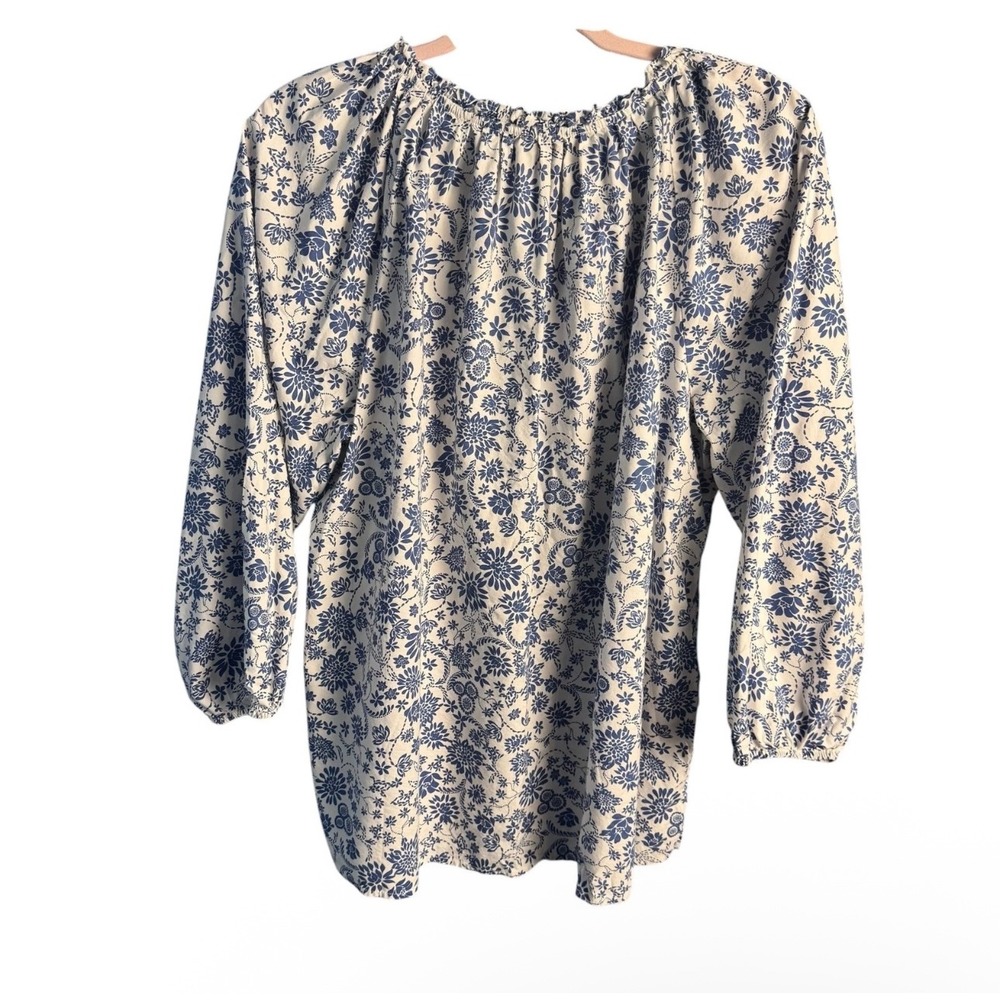 LOFT Women Blue White Floral Peasant Blouse Tie Neck Balloon Sleeve Large - Picture 3 of 8